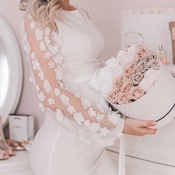 White Applique Mesh Sleeve Dress - Picture 2 of 6